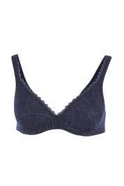 Product shot of the Barely There Lace Contour Bra in colour Navy (Blue), from the front