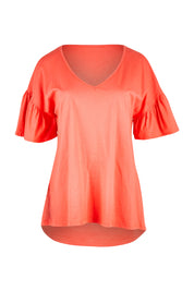 Product shot of the Alessi Frill Top in colour Strawberry (Pink), from the front