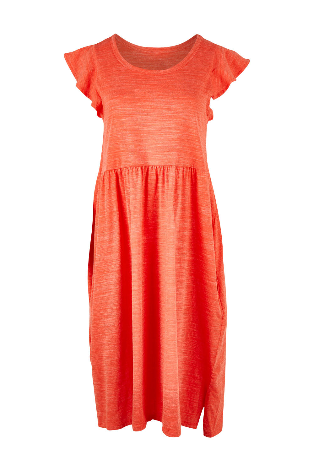 Product shot of the Frill Dress in colour Clay, from the front