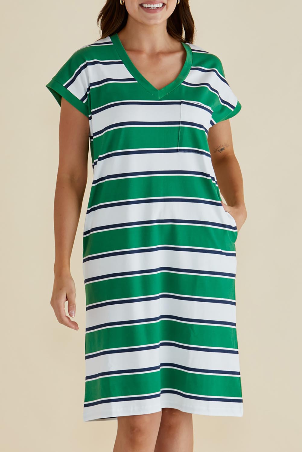 A model wearing the Zena Cotton Tin colourShirt Dress - Green (Green), from the front, cropped image