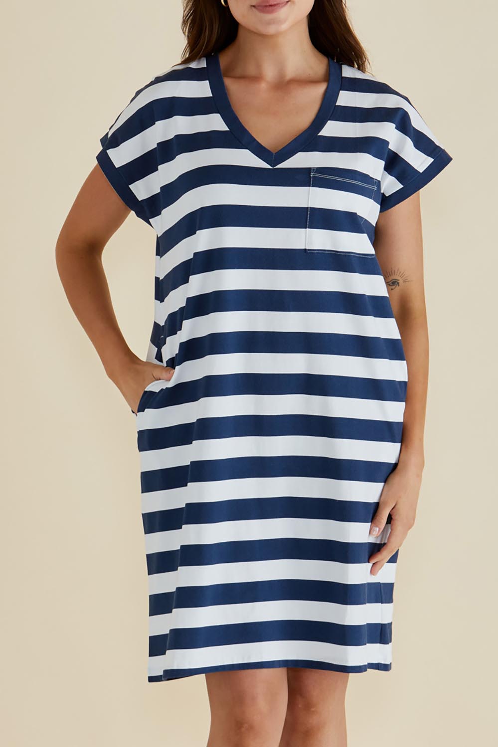 A model wearing the Zena Cotton Tin colourShirt Dress - Navystripe (Blue), from the front, cropped image
