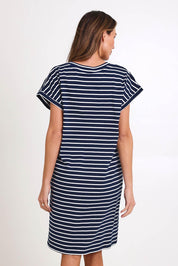 Model Madelinec wearing size 10 of the Zena T-Shirt Dress – Navy in colour Navy, from the back