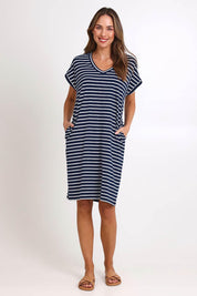 Model Madelinec wearing size 10 of the Zena T-Shirt Dress – Navy in colour Navy, from the front