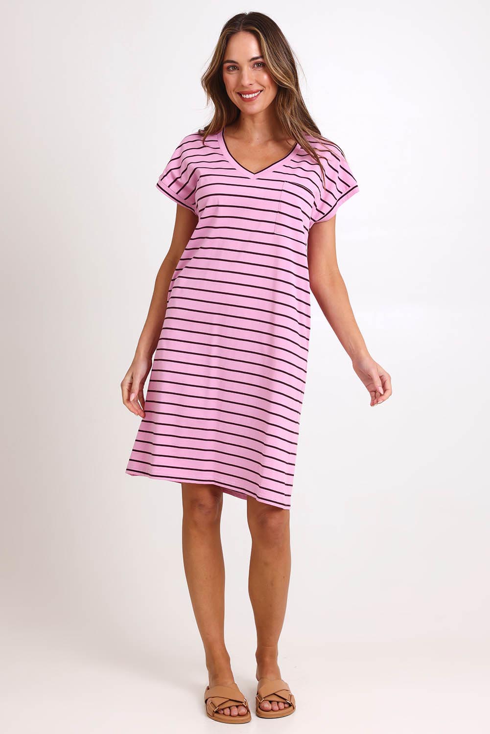 Model Madelinec wearing size 10 of the Zena T-Shirt Dress – Pinkchoc in colour Pinkchoc, from the front