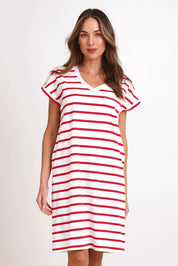 Model Madelinec wearing size 10 of the Zena T-Shirt Dress – Red in colour Red, from the front