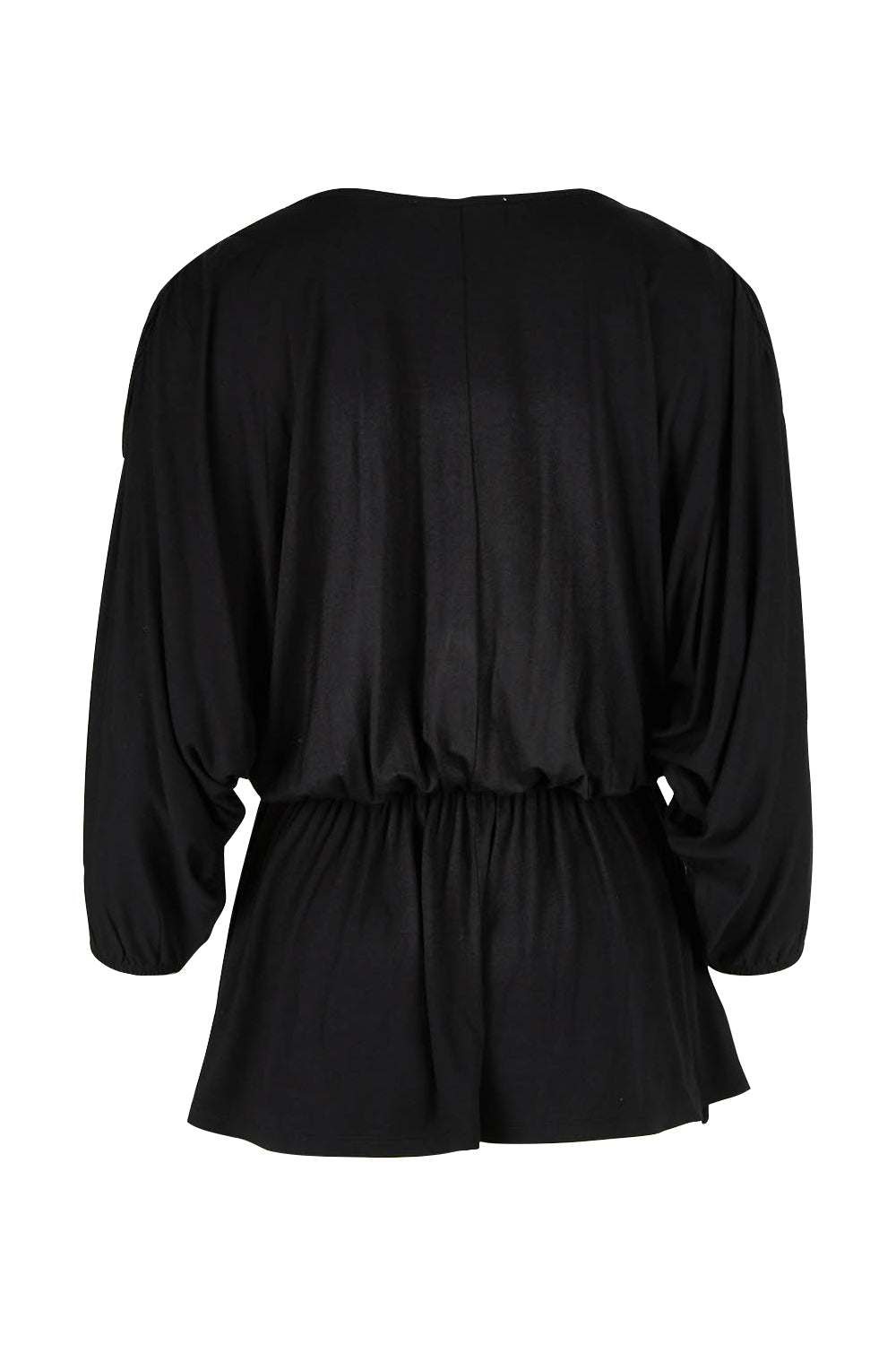 Product shot of the Bayeaux Wrap Top in colour Black (Black), from the back