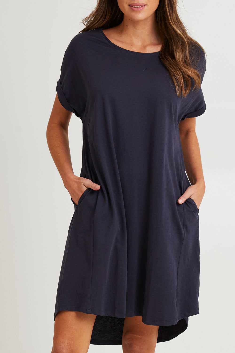 Model Madeline wearing size 10 of the Maxine Australian Cotton Tin colourShirt Dress - Coal (Black), from the front, cropped image