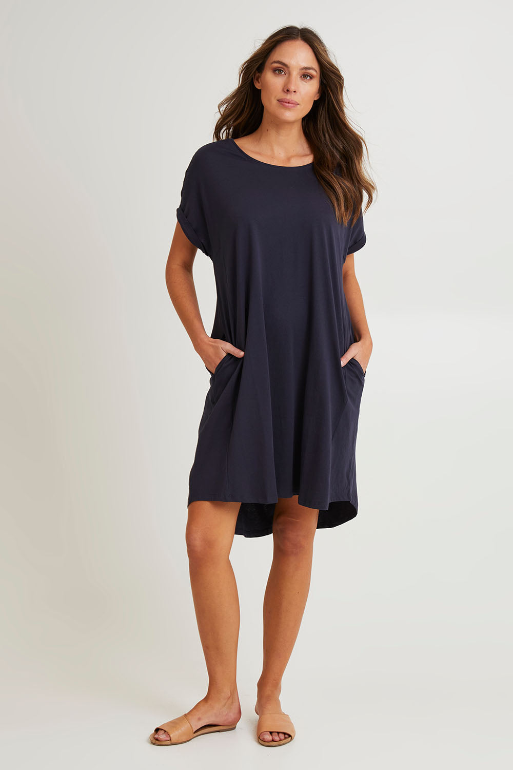 Model Madeline wearing size 10 of the Maxine Australian Cotton Tin colourShirt Dress - Coal (Black), from the front, showing the whole outfit