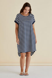 A model wearing the Maxine Australian Cotton Tin colourShirt Dress - Navystripe (Blue), from the front, showing the whole outfit