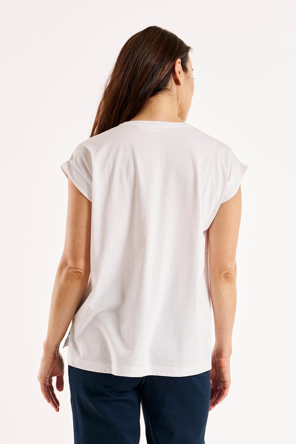 A model wearing the Michaela Australian Cotton Top in colour White (White), from the back