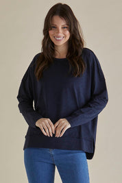 A model wearing the Roxette Cotton Tee in colour Darkblue (Blue), from the front, cropped image