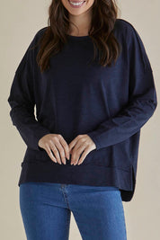 A model wearing the Roxette Cotton Tee in colour Darkblue (Blue), from the front, cropped image