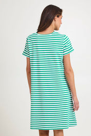 Model Madeline wearing size 10 of the Rue Cotton Dress in colour Green (Green), from the back