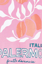 Product shot of the Ellia Print Tee – Italian in colour Italian, showing detail
