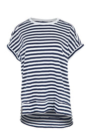 Product shot of the Shirley Cotton Short Sleeve Tee in colour Navystripe (Blue), from the front