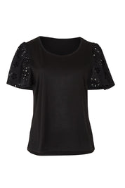 Product shot of the Lottie Embroidered Cotton Tee in colour Black (Black), from the front