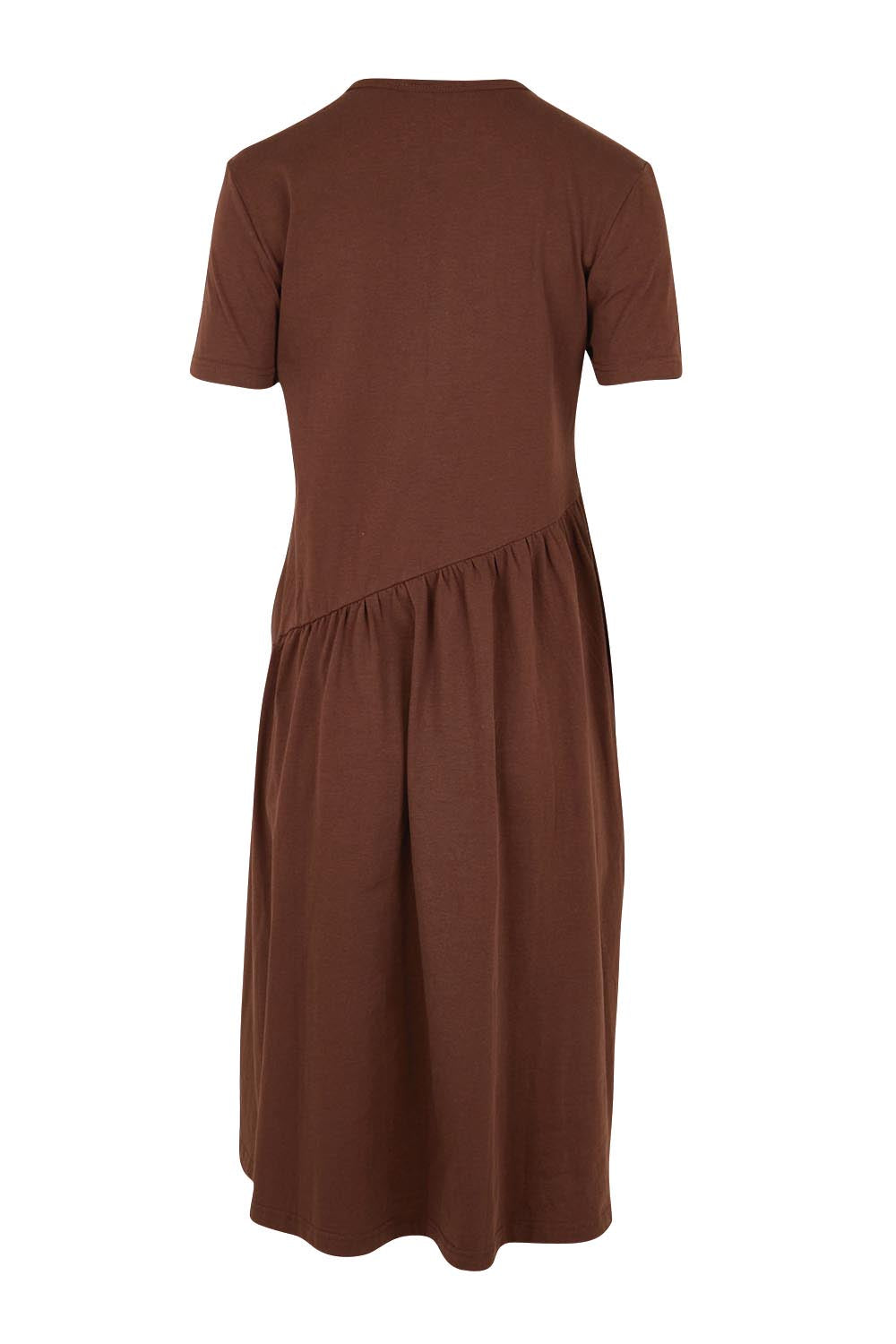 Product shot of the Ava Asymmetrical Dress – Chocolate in colour Chocolate, from the back