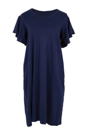 Product shot of the Celene Frill Dress – Navy in colour Navy, from the front