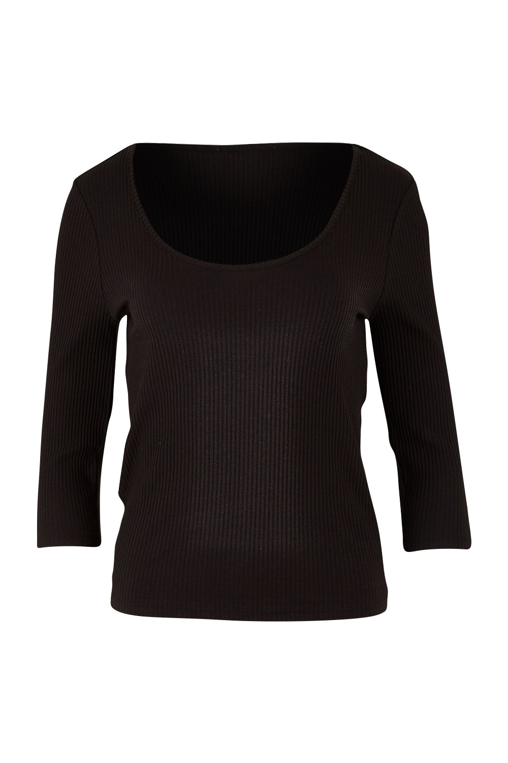 Product shot of the Rosa 3/4 Rib Top in colour Black (Black), from the front