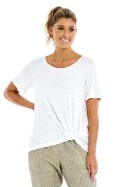 A model wearing the Burleigh Tee in colour White (White), from the front, cropped image