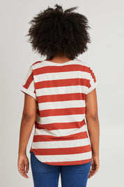 Model Olivia wearing size 10 of the Hailey Short Sleeve Tee in colour Terracotta, from the back