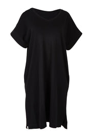 Product shot of the Elise V Neck Cotton Rib Dress in colour Black (Black), from the front