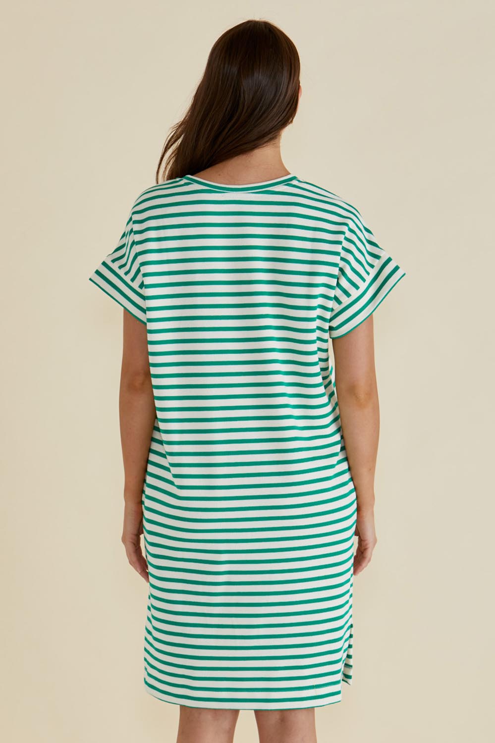 A model wearing the Elise V Neck Cotton Rib Dress in colour Green (Green), from the back