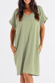 Preloved Elise Cotton V-Neck Rib Dress - Avocadostr