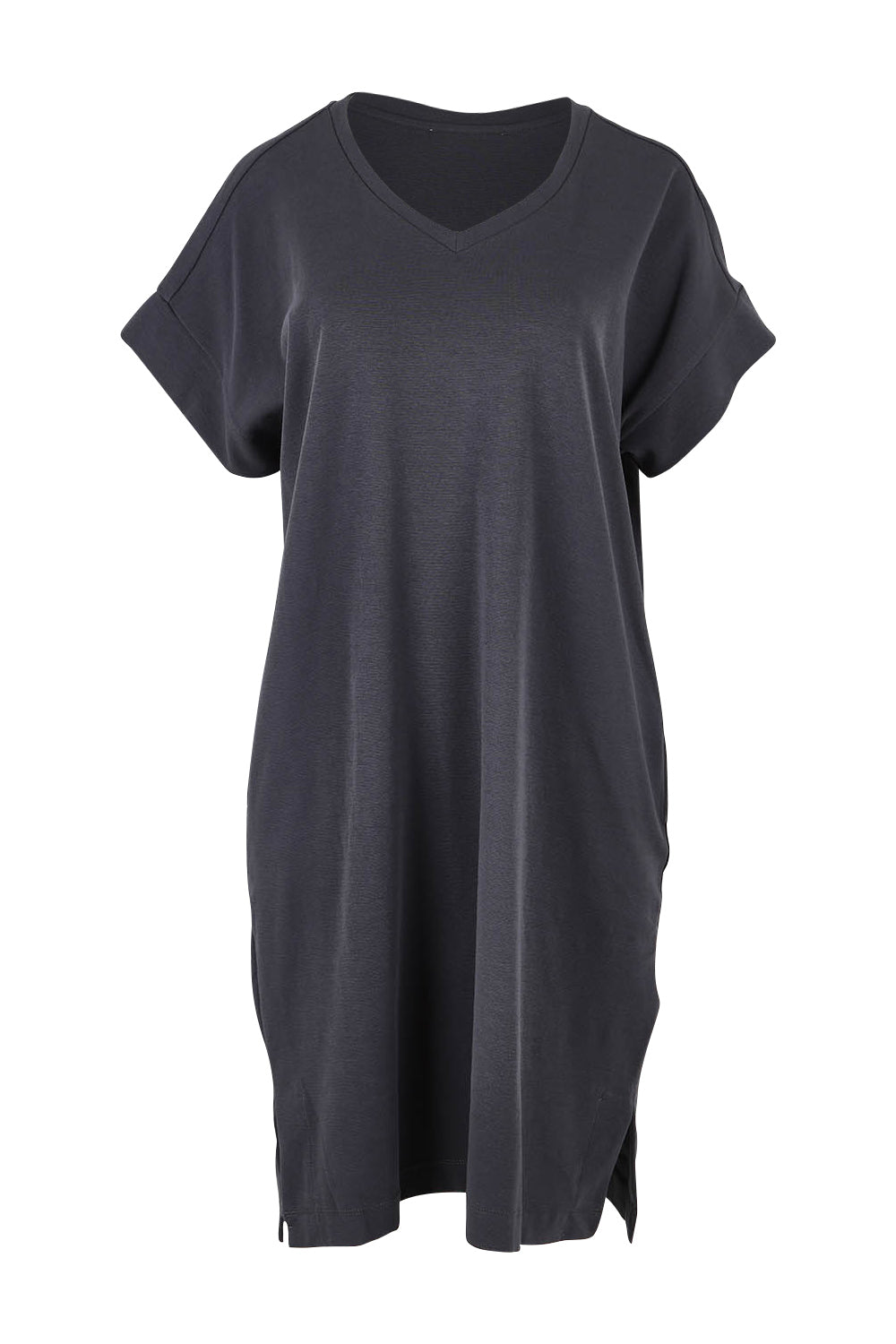 Product shot of the Elise Cotton Vin colourNeck Rib Dress - Steel (Grey), from the front