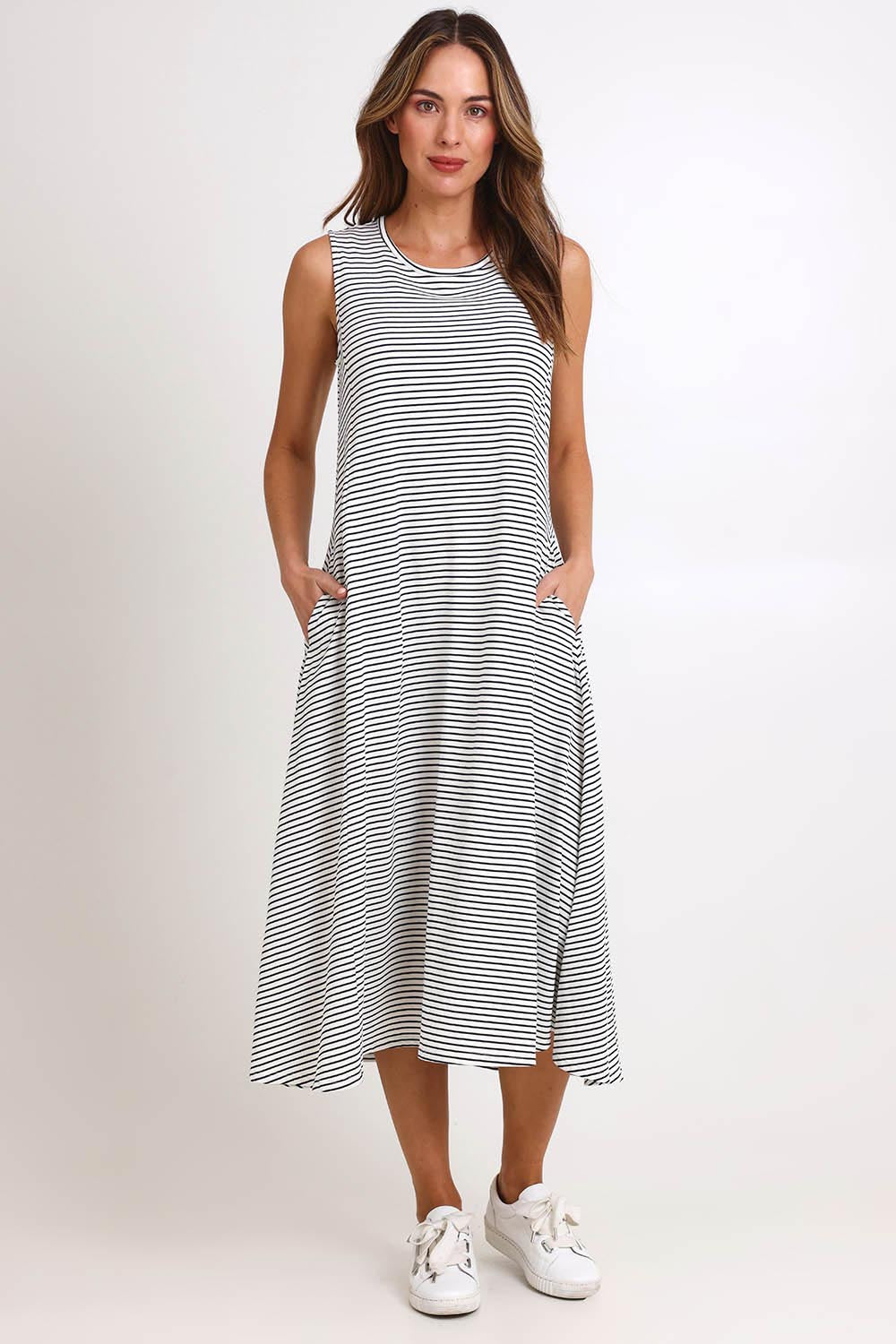 Model Madelinec wearing size 10 of the Sabrina Maxi Dress - Navystripe in colour Navystripe, from the front