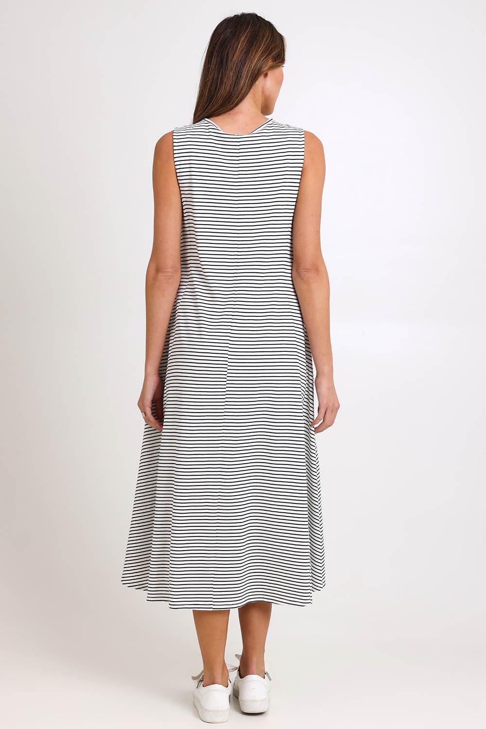 Model Madelinec wearing size 10 of the Sabrina Maxi Dress - Navystripe in colour Navystripe, from the front