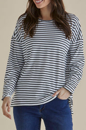 A model wearing the Hendrix Ribbed Long Sleeve Tee in colour Stripe (White), from the front, cropped image