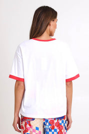 Model Madelinec wearing size 10 of the Relax Boxy Tee – Stlucia in colour Stlucia, from the back