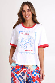 Model Madelinec wearing size 10 of the Relax Boxy Tee – Stlucia in colour Stlucia, in a cropped view