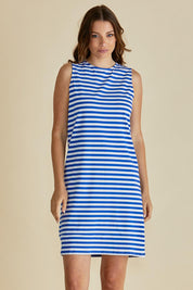 A model wearing the Tia Cotton Tank Dress in colour Royalblue (Blue), from the front, cropped image