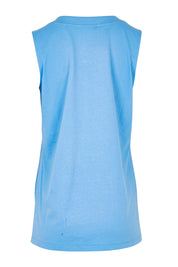 Product shot of the Trinity Vin colourNeck Cotton Tank - Powderblue (Blue), from the back