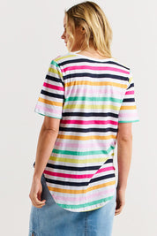 A model wearing the Ariana Cotton Tee in colour Rainbow, from the back