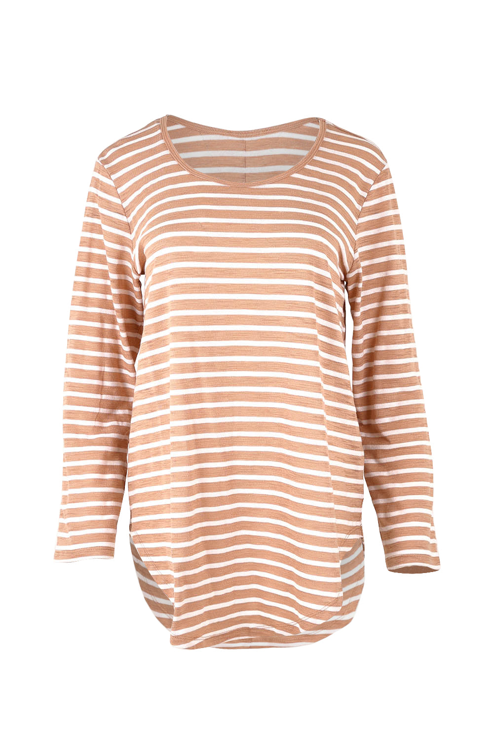 Product shot of the Megan Long Sleeve Top in colour Beigestrip, from the front