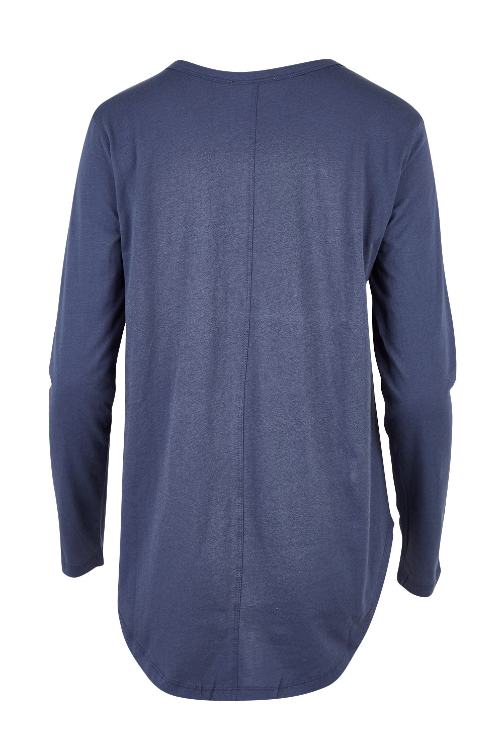Product shot of the Megan Long Sleeve Top in colour Indiblue (Blue), from the back