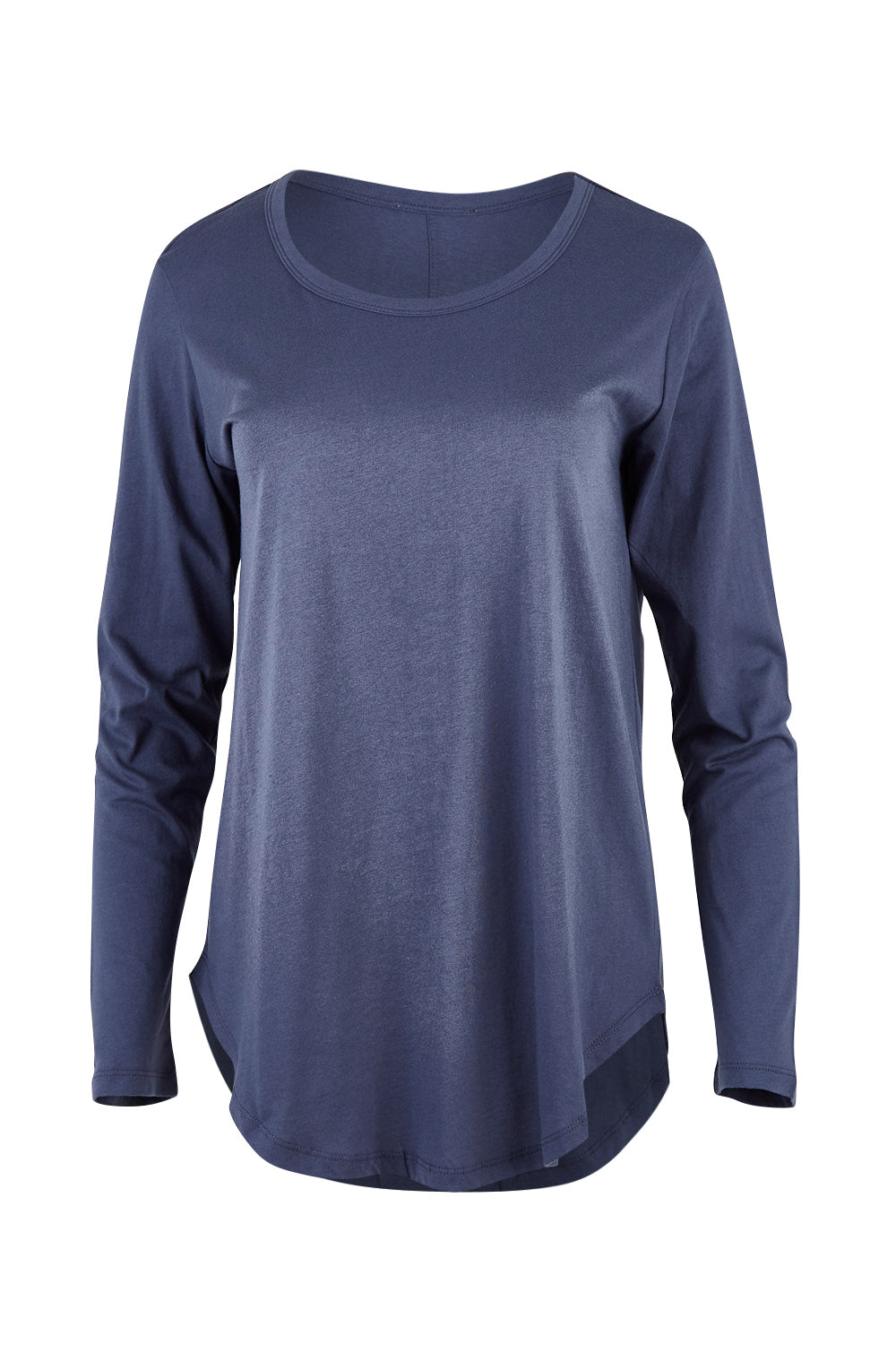 Product shot of the Megan Long Sleeve Top in colour Indiblue (Blue), from the front