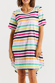 A model wearing the Nyree Cotton Dress in colour Rainbowstr, from the front, cropped image