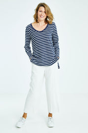 Model Naomi wearing size 10 of the Bonnie L/S Top in colour Nautical (Blue), from the front, showing the whole outfit