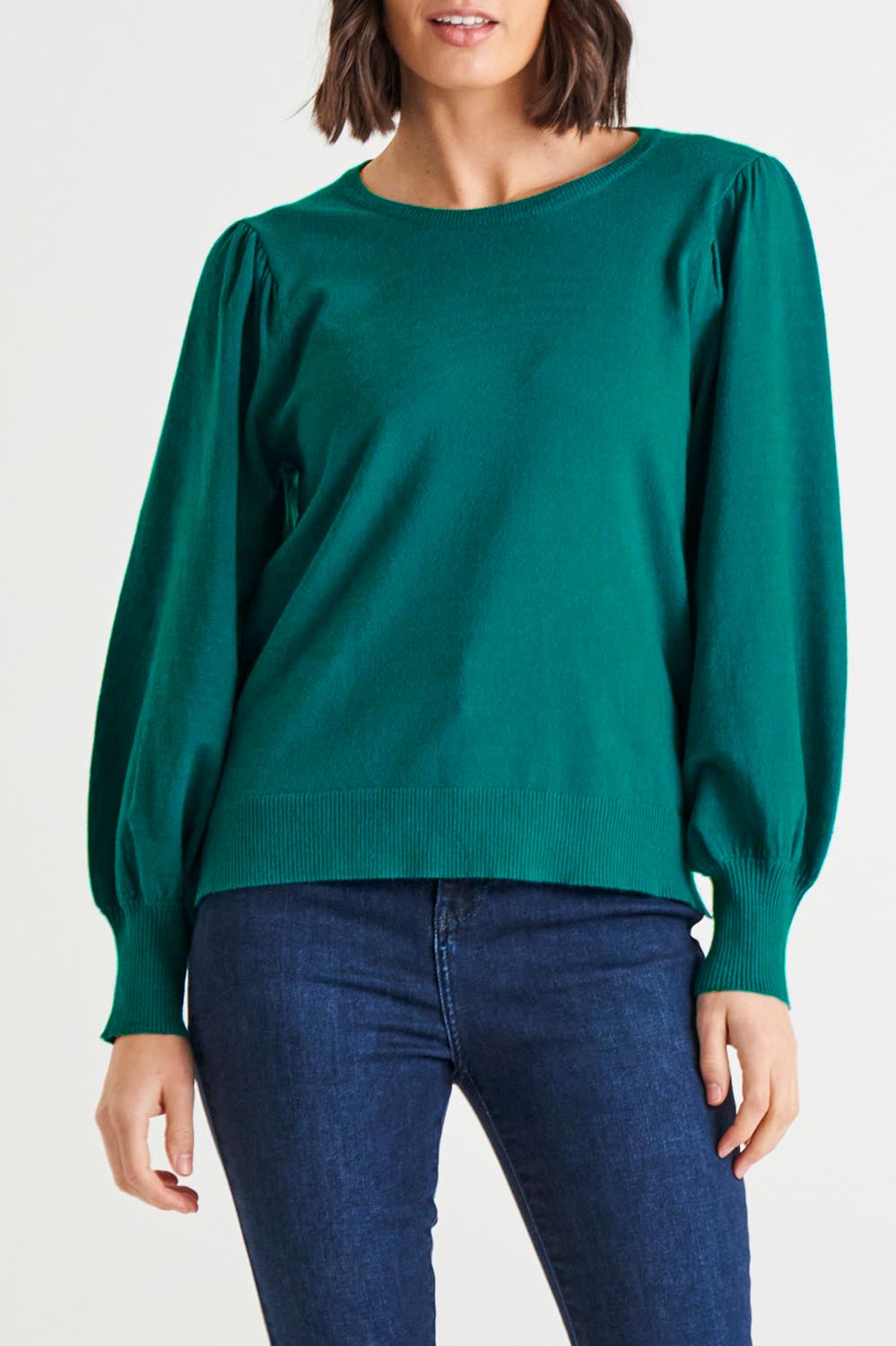 A model wearing the Charlotte Knit Jumper in colour Teal (Green), from the front, cropped image