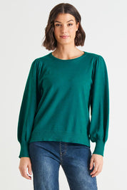 A model wearing the Charlotte Knit Jumper in colour Teal (Green), from the front, cropped image