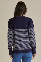 A model wearing the Colette Sweater in colour Bluecream (Blue), from the back