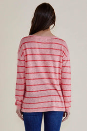 A model wearing the Natasha Cotton Blend Knit Top in colour Pinkstripe (Pink), from the back
