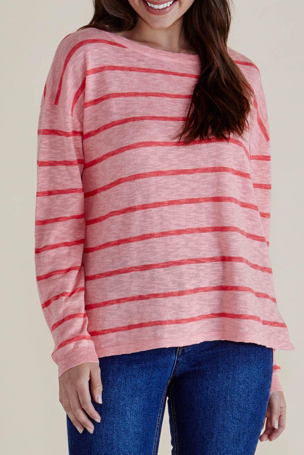 A model wearing the Natasha Cotton Blend Knit Top in colour Pinkstripe (Pink), from the front, cropped image