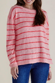 A model wearing the Natasha Cotton Blend Knit Top in colour Pinkstripe (Pink), from the front, cropped image