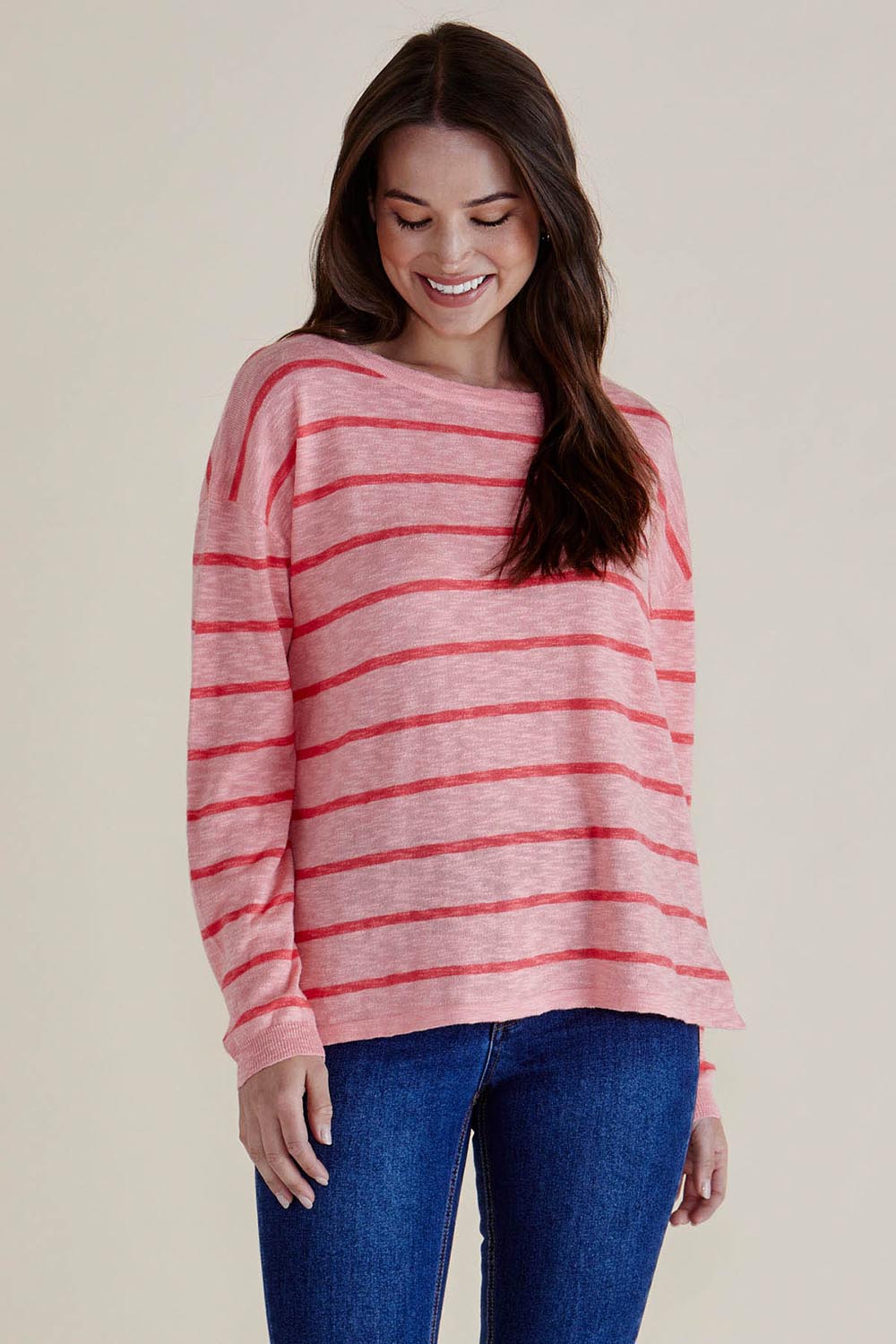 A model wearing the Natasha Cotton Blend Knit Top in colour Pinkstripe (Pink), from the front, cropped image