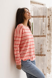 A model wearing the Natasha Cotton Blend Knit Top in colour Pinkstripe (Pink), from the front, showing the whole outfit